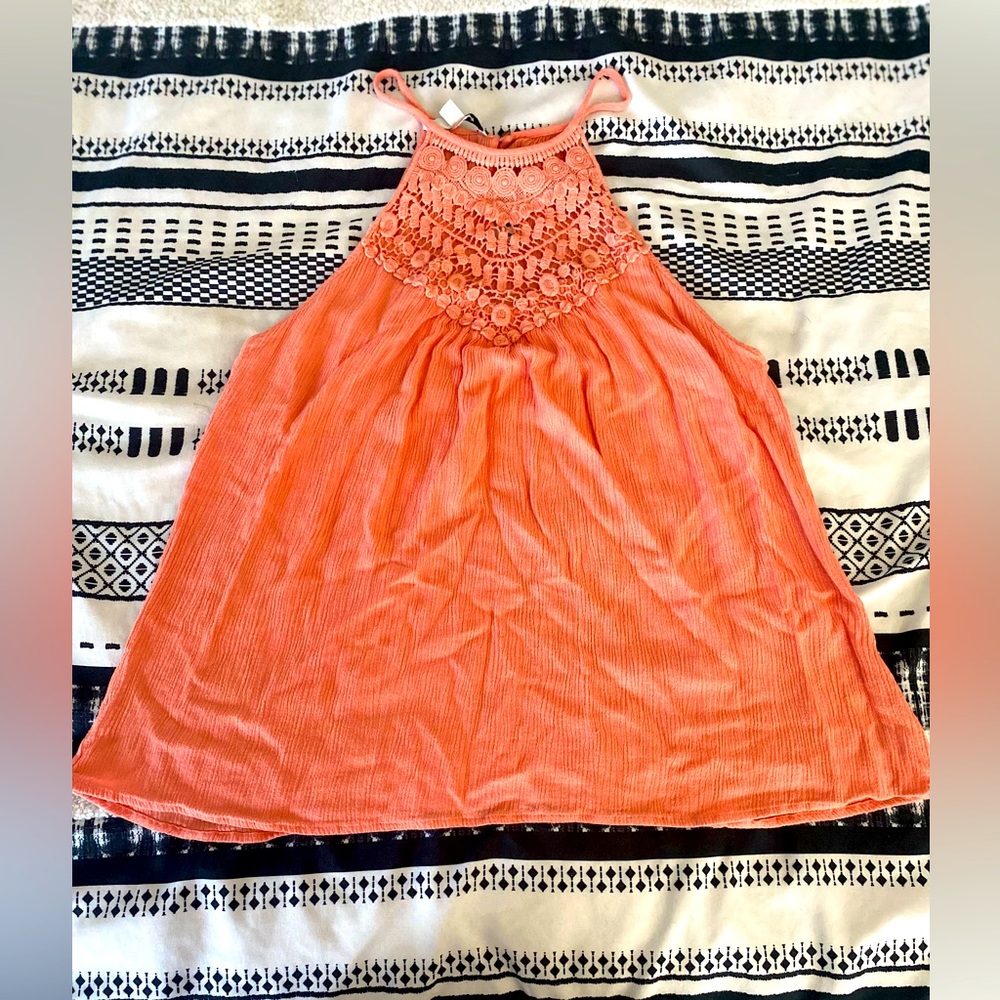 Papaya coral knitted lace neck tank top